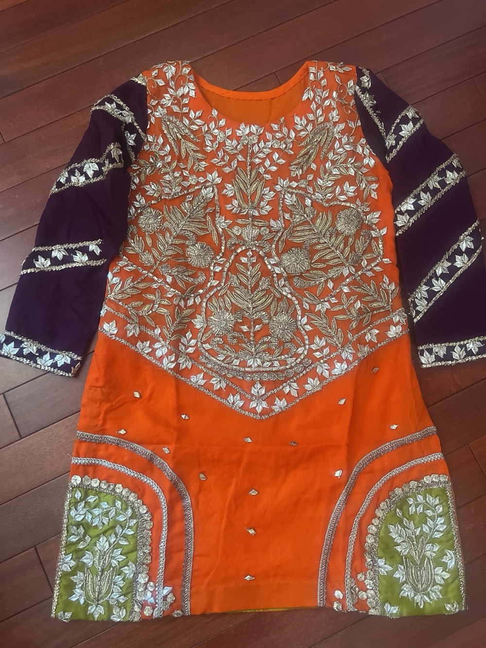 Embroidered Orange & Purple formal dress  with 34”lenght  19” chest